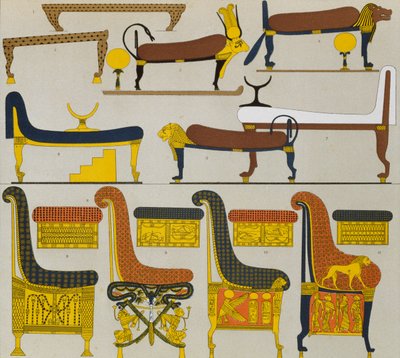 Meble starożytnego Egiptu, litografia Spiegla, z Le Costume Historique (Historia kostiumów), tom II, Auguste Racinet autorstwa Albert Charles August Racinet
