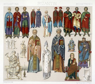 Stroje bizantyjskie. Ilustracja w „Strój historyczny” Racinet autorstwa Albert Charles August Racinet