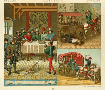 Życie w zamku i środki transportu w XIV wieku, ilustracja z książki Racinet Auguste „Pełna historia kostiumów” autorstwa Albert Charles August Racinet