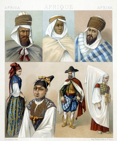 Kostiumy i fryzury z Algierii. Ilustracja w „Le costume historique” autorstwa Racinet autorstwa Albert Charles August Racinet