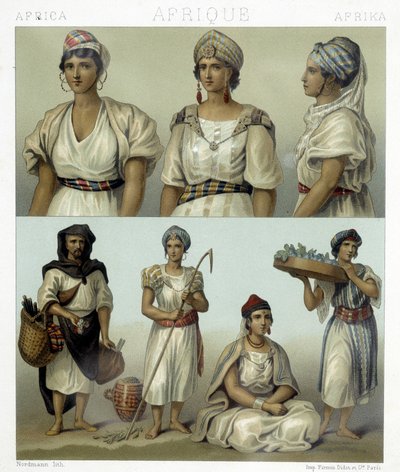 Stroje i nakrycia głowy kobiet kabylskich (u góry). Stroje tunezyjskie i algierskie (na dole). Ilustracja w „Le costume historique” autorstwa Racinet autorstwa Albert Charles August Racinet