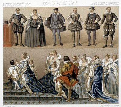 Kostiumy królowej Małgorzaty z Francji (na dole) i Henryka IV (na górze) z XVII i XVIII wieku. Ilustracja w „Le costume historique” autorstwa Racinet autorstwa Albert Charles August Racinet