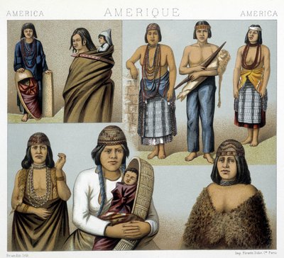 Stroje Indian kalifornijskich. Ilustracja w „Strój historyczny” Racinet autorstwa Albert Charles August Racinet