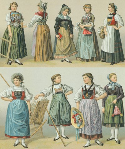 Costumes of the Cantons, ilustracja z The Complete Costume History autorstwa Racineta Auguste autorstwa Albert Charles August Racinet