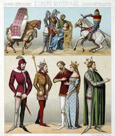 Stroje średniowiecza we Francji. Ilustracja w „Le costume historique” Racinet autorstwa Albert Charles August Racinet