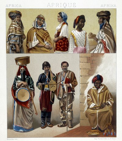 Stroje egipskie. Ilustracja w „Strój historyczny” Racinet autorstwa Albert Charles August Racinet