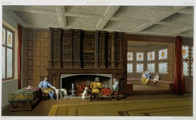 Angielski lord i jego rodzina w swoim XVII-wiecznym domu. Płyta chromolitograficzna - w „Le costume historique” Racinet autorstwa Albert Charles August Racinet