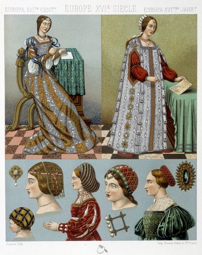 Moda i fryzjerstwo w Europie w XVI wieku - w „Strój historyczny” Racineta, koniec XIX wieku autorstwa Albert Charles August Racinet