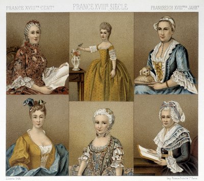 Francuska moda kobieca w XVIII wieku. Ilustracja w „Le costume historique” autorstwa Racinet autorstwa Albert Charles August Racinet