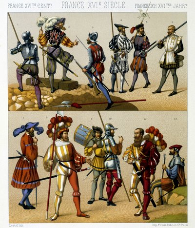 Francuskie stroje wojskowe w XVI wieku. Płyta chromolitograficzna - w „Le costume historique” Racinet autorstwa Albert Charles August Racinet