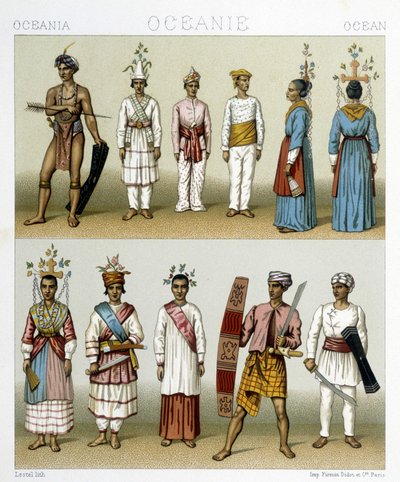 Mieszkańcy wysp Celebes w Indonezji. Ilustracja w „Le costume historique” autorstwa Racinet autorstwa Albert Charles August Racinet
