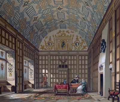 Wnętrze XVI-wiecznej angielskiej rezydencji, litografia autorstwa Gaularda z Le Costume historique (pełna historia kostiumów) autorstwa Albert Charles August Racinet