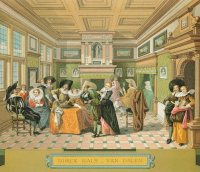 Wnętrze holenderskiej rezydencji szlacheckiej w XVII wieku, ilustracja z „Całej historii kostiumów” autorstwa Racineta Auguste autorstwa Albert Charles August Racinet