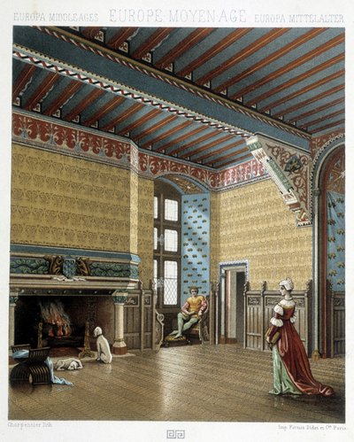 Wnętrze rezydencji reprezentacyjnej w średniowieczu - w „Strój historyczny” Racineta autorstwa Albert Charles August Racinet