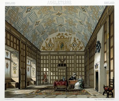 Wnętrze okazałego domu w Anglii w XVII wieku. Ilustracja w „Le costume historique” autorstwa Racinet autorstwa Albert Charles August Racinet