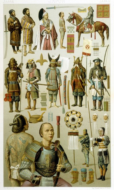 Japońskie stroje wojowników (samoura lub yakuza lub yakuza). Płyta chromolitograficzna - w „Le costume historique” Racinet autorstwa Albert Charles August Racinet