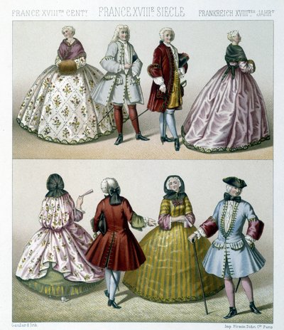Mężczyźni i kobiety w modnych strojach z XVIII wieku we Francji. Ilustracja w „Le costume historique” autorstwa Racinet autorstwa Albert Charles August Racinet