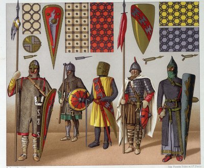 Stroje wojskowe od IX do XII wieku, autorstwa A. Racinet autorstwa Albert Charles August Racinet