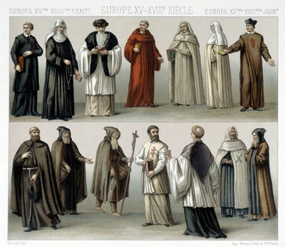 Stroje klasztorne w Europie od XV do XVIII wieku. Ilustracja w „Le costume historique” autorstwa Racinet autorstwa Albert Charles August Racinet