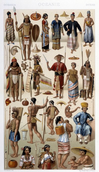 Mieszkańcy Malezji i Polinezji (Oceania). Ilustracja w „Le costume historique” autorstwa Racinet autorstwa Albert Charles August Racinet