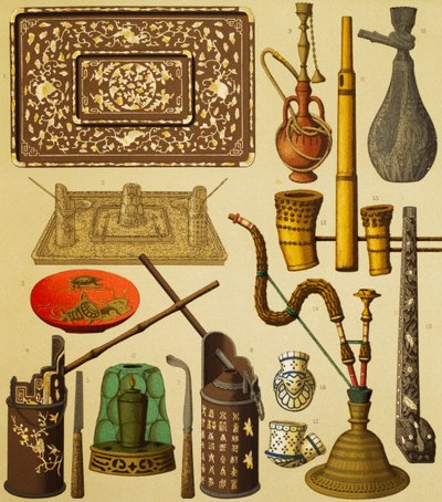 Fajka i przedmioty używane przez palaczy, litografia Schmidta z The Complete Costume History, tom pierwszy, Auguste Racinet (1825-1893), Paryż autorstwa Albert Charles August Racinet