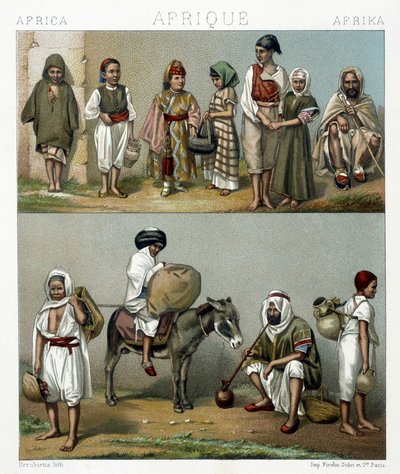 Popularne stroje z Algierii i Tunezji. Ilustracja w „Le costume historique” autorstwa Racinet autorstwa Albert Charles August Racinet