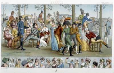 Burżuazja idąca do Longchamp, deb. XIX wiek - w „Le costume historique” Racinet autorstwa Albert Charles August Racinet