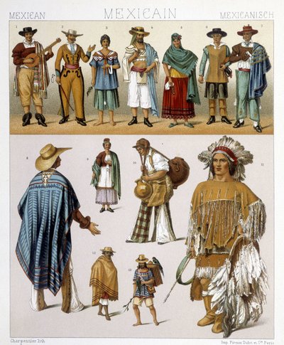 Tradycyjne stroje meksykańskie. Ilustracja w „Strój historyczny” Racinet autorstwa Albert Charles August Racinet
