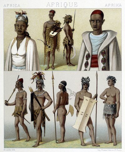 Tradycyjne stroje i biżuteria z Timbuktu i Górnego Nilu. Ilustracja w „Le costume historique” autorstwa Racinet autorstwa Albert Charles August Racinet