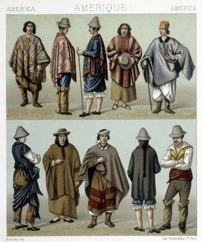 Tradycyjne stroje Chile. Ilustracja w „Strój historyczny” Racinet autorstwa Albert Charles August Racinet