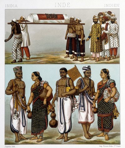 Tradycyjne stroje muzułmanów (na górze zdjęcia) i Hindusów (na dole) mieszkających w Indiach. Ilustracja w „Le costume historique” autorstwa Racinet autorstwa Albert Charles August Racinet