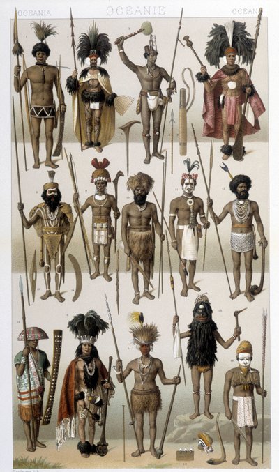 Tradycyjne stroje rdzennych mieszkańców Oceanii. Ilustracja w „Le costume historique” autorstwa Racinet autorstwa Albert Charles August Racinet