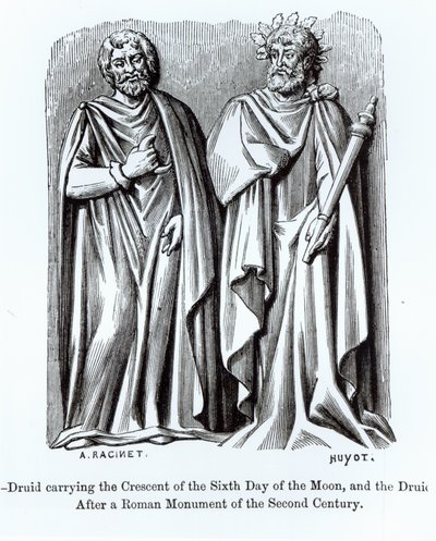 Dwóch druidów, jeden niosący półksiężyc szóstego dnia księżyca, według rzymskiego pomnika z II wieku, ilustracja z Nauki i literatury średniowiecza i renesansu, napisane autorstwa Albert Charles August Racinet