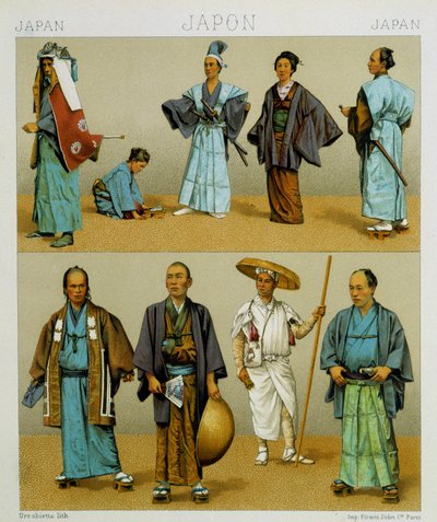 Różne tradycyjne japońskie stroje męskie, w tym kimono. Płyta chromolitograficzna - w „Le costume historique” Racinet autorstwa Albert Charles August Racinet