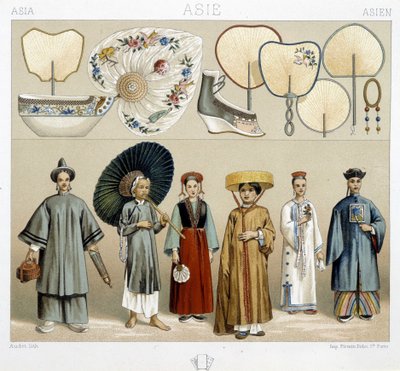Różne stroje damskie w Chinach: wachlarze, buty... - w „Strój historyczny” Racineta autorstwa Albert Charles August Racinet