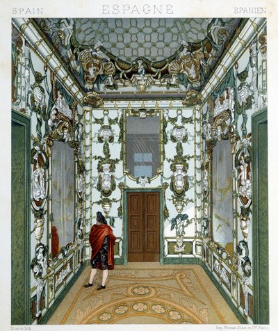 Widok człowieka wewnątrz Pałacu Królewskiego w Madrycie. Płyta chromolitograficzna - w „Le costume historique” Racinet autorstwa Albert Charles August Racinet