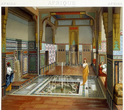 Kobieta i jej służąca są przy fontannie w domu w Kairze (Egipt). Płyta chromolitograficzna - w „Le costume historique” Racinet autorstwa Albert Charles August Racinet