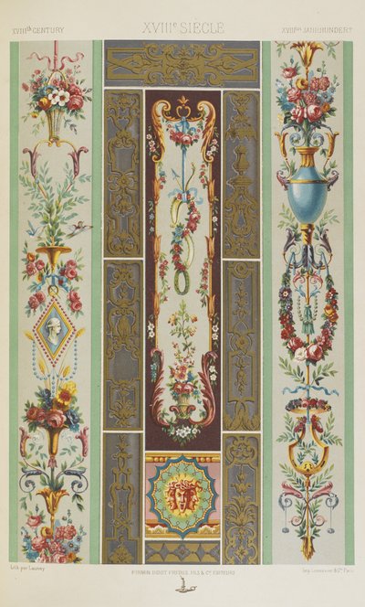 XVIII wiek, tablica 97 z "Ornament polichromatyczny: sto płyt w złocie, srebrze i kolorach" autorstwa Albert Charles August Racinet