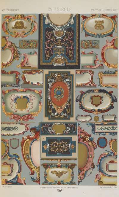 XVII wiek, tablica 77 z "Ornament polichromatyczny: sto płyt w złocie, srebrze i kolorach" autorstwa Albert Charles August Racinet