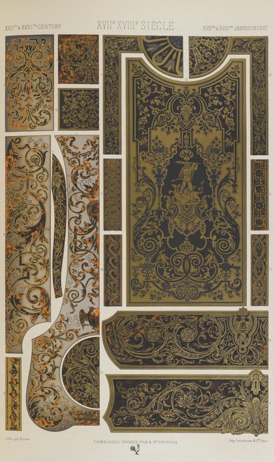 XVII i XVIII wiek, tablica 84 z "Ornament polichromatyczny: sto tablic w złocie, srebrze i kolorach" autorstwa Albert Charles August Racinet
