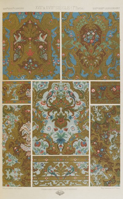 XVII i XVIII wiek, tablica 86 z "Ornament polichromatyczny: sto tablic w złocie, srebrze i kolorach" autorstwa Albert Charles August Racinet