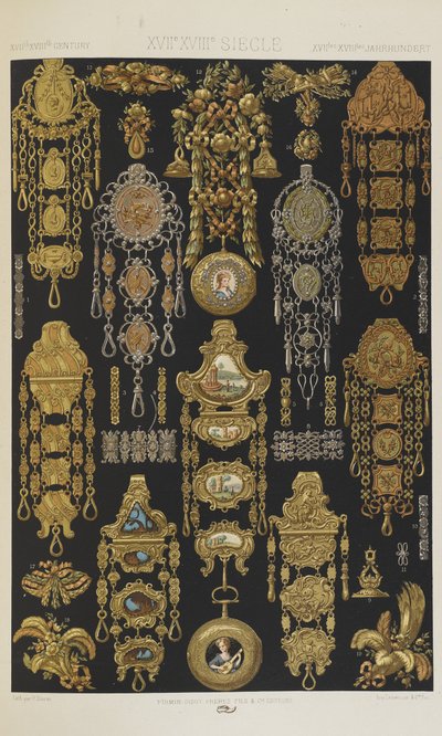 XVII i XVIII wiek, tablica 94 z "Ornament polichromatyczny: sto płyt w złocie, srebrze i kolorach" autorstwa Albert Charles August Racinet
