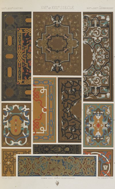 XVI i XVII wiek, tablica 69 z "Ornament polichromatyczny: sto tablic w złocie, srebrze i kolorach" autorstwa Albert Charles August Racinet