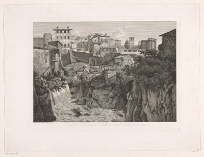 Widok na Tivoli, ze świątynią Westy w oddali Situazione del Tempio di Vesta a Tivoli dirimpetto la Cascata (tytuł obiektu) Malajski Radirte Prospekte aus Italien (tytuł serii) autorstwa Albert Christoph Dies
