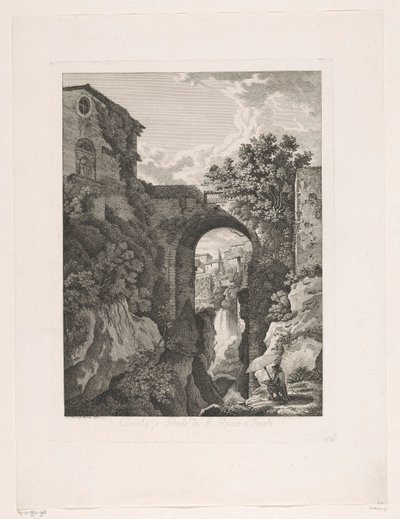 Wodospad w pobliżu mostu San Rocco w Tivoli Cascata, e Ponte di St. Rocco a Tivoli (tytuł na obiekcie) Malownicze, trawione broszury z Włoch (tytuł serii) autorstwa Albert Christoph Dies