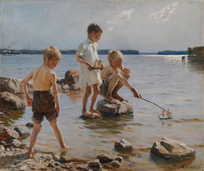 Chłopcy bawiący się na brzegu (Dzieci bawiące się na brzegu) autorstwa Albert Edelfelt