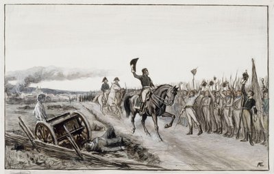 Von Döbeln pozdrawiający swoje oddziały – ilustracja do wiersza nr 15 „Stolt” (oryginalny rysunek do serii „Opowieści o chorążym Stålu”) autorstwa Albert Edelfelt