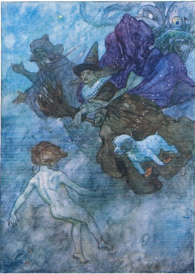 Wszyscy wrzeszczący i krzyczący na niego „patrz przed siebie, patrz tylko przed siebie”, z pubu The Water Babies autorstwa Humphreya Milforda Oxford University Press, ok. 1930 r. (litografia kolorowa) autorstwa Albert Edward Jackson