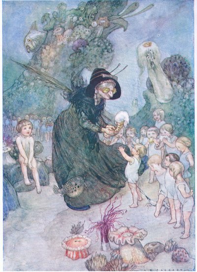 Tom patrzył, jak rozdawane są te wszystkie słodkie rzeczy, aż ślinka cieknie, z pubu The Water Babies, Humphrey Milford Oxford University Press, ok. 1930 r. (litografia kolorowa) autorstwa Albert Edward Jackson