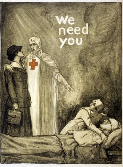 Plakat rekrutacyjny Czerwonego Krzyża, „We Need You”, wyd. 1918 (kolor lito) autorstwa Albert Edward Sterner